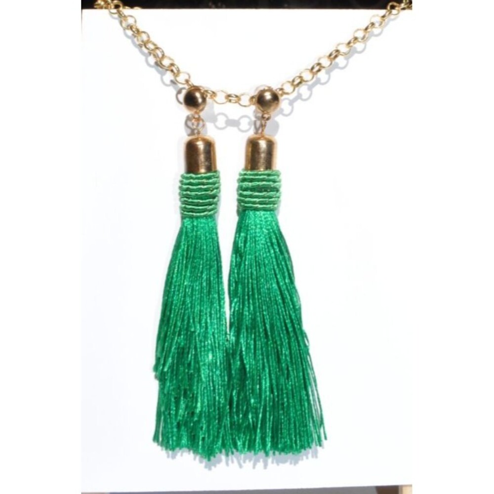 Gold-tone Boho Gypsy earrings with Gold Post Green Tassel